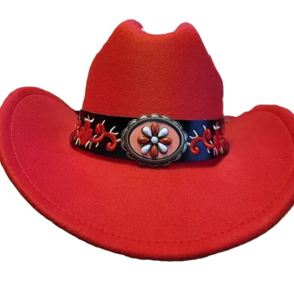 A755 New Embellished Red Felt Embroidered Leather Band and Edges Cowgirl Hat